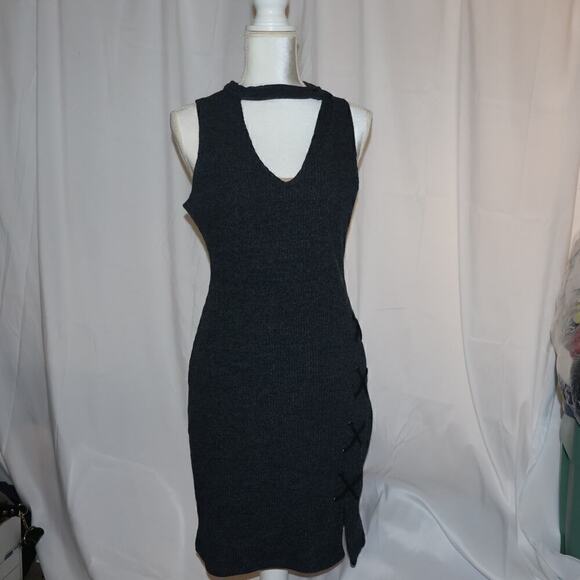 WAYF Knit Dress Charcoal Lace up skirt Bar Bodice Sleeveless Sz Large - Picture 1 of 13